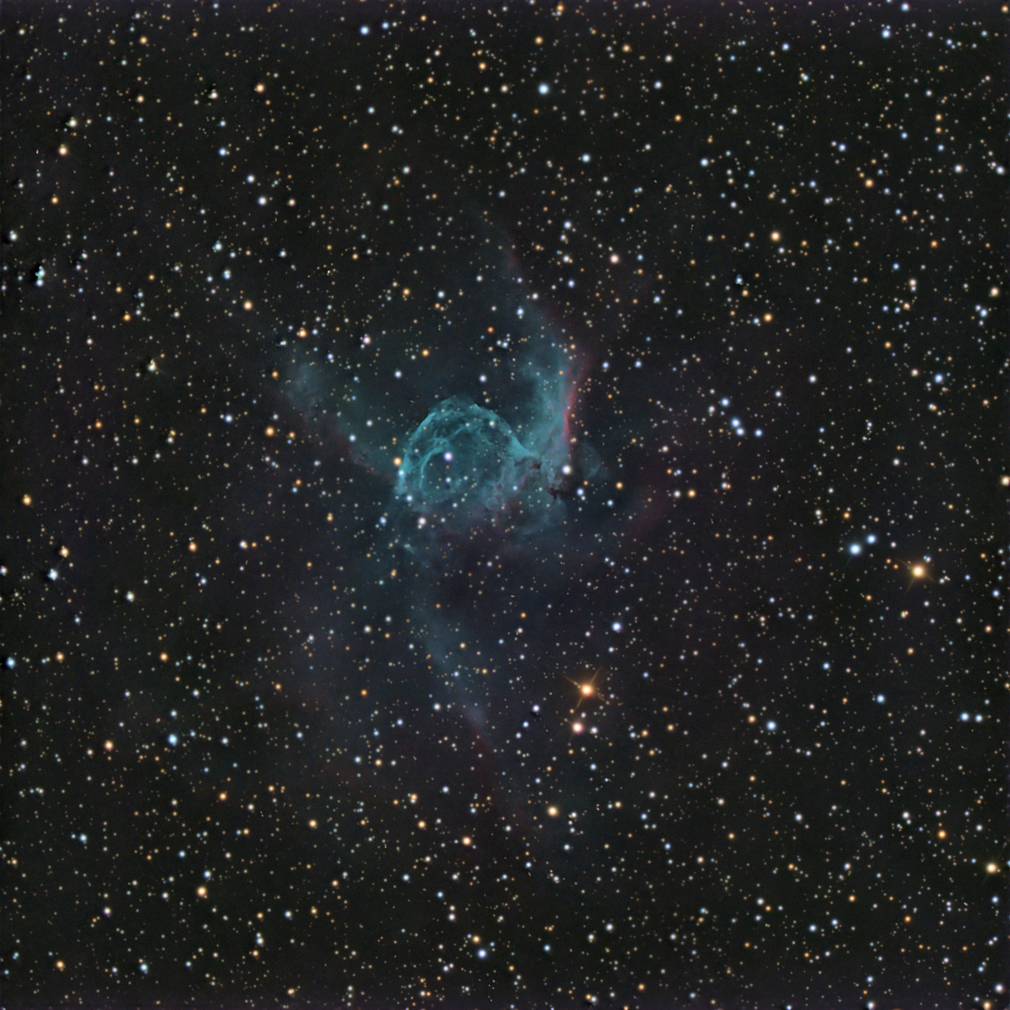 The Duck Nebula, also known as Thor's Helmet, NGC 2359 is a Wolf-Rayet ring nebula (a special type of emission nebula) in the constellation of Canis Major, south of the celestial equator.